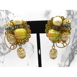 Vintage Hobe Clip On Earrings Lampwork Glass Rhinestone Gold Filigree